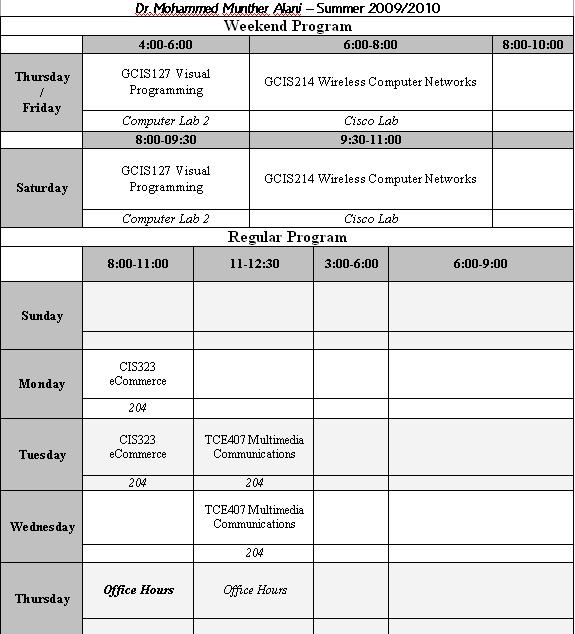 Mohammed Alani Weekly Schedule